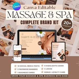 Massage & Spa Canva Redigerbart Varumärkespaket, Massagelogotyp, Massage Instagram-inlägg, Massageföretag, Massagebanners, Massagevisitkort