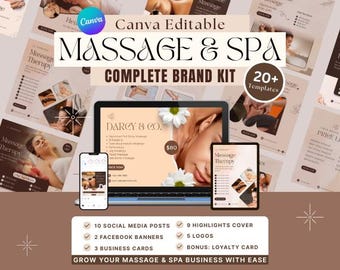Massage & Spa Canva Editable Branding kit, Massage logo, Massage Instagram Posts, Massage Business, Massage Banners, Massage Business Cards