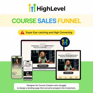 Puede incluir: Un gráfico de marketing digital para un embudo de ventas de cursos con el logotipo de HighLevel, el texto Course Sales Funnel y un banner amarillo con un icono de advertencia. Muestra una computadora portátil, una tableta y dos teléfonos.