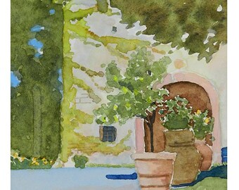 Akvarelltryck av toskansk villa, Italiensk målning, konst med vinförvaring (8x10)