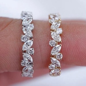 Marquise And Round Moissanite Notched Wedding Band Matching Stackable Half Eternity Wedding Anniversary Band Cluster White Gold Gift For Her