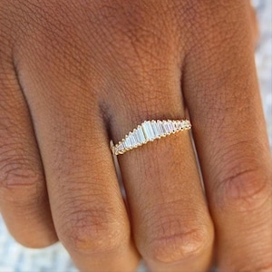 Baguette Diamond Ring, 14K Gold Graduating Baguette Diamond Nesting Wedding Band, Baguette moissanite Diamond Tiara Ring by Women