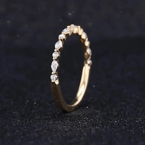 Alternating Moissanite Band Marquise and Round Cut Lab Grown Wedding Band Half Eternity Band Stackable Band Shared Prong Wedding Band