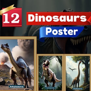 12 Dinosaurs Poster Wall Art, Home Decor, Printable Dino Nursery, Kids Room Decor, Jurassic Theme, Biology Poster, Digital Download Gift