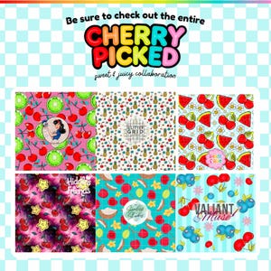 May include: A collage of nine different digital designs featuring cherries, pineapples, watermelon, coconuts, stars, and blueberries. The designs are all on a white background with a checkered pattern.