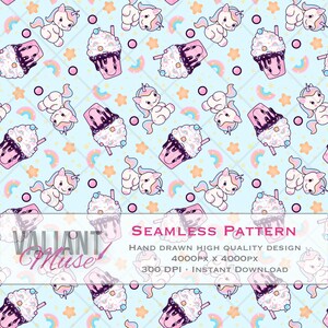 May include: A seamless pattern featuring cute cartoon unicorns and colorful milkshakes on a light blue background. The pattern includes rainbows, stars, and polka dots.