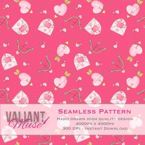 Puede incluir: Un patrón sin costuras con corazones rosas atravesados por flechas, arcos y flechas, y sobres con sellos en forma de corazón sobre un fondo rosa. El texto "SEAMLESS PATTERN" se muestra en la parte inferior.
