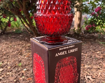 Indiana Glass NIB Fairy Lamp Red Lumiere Iridescent Pointe de Diamant Vintage
