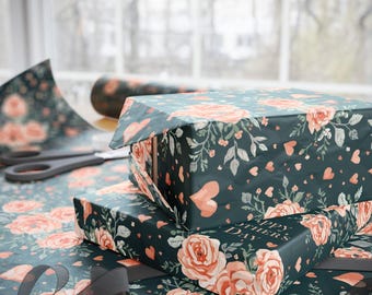 Peach Rose Floral Wrapping Papers for Mothers Day | Dark Green Bouquet Gift Wrap Roll