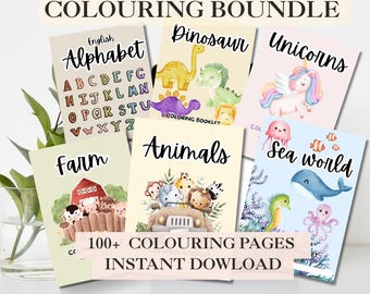 May include: A bundle of children's colouring books, featuring titles such as "Alphabet," "Dinosaur," "Unicorns," "Farm," "Animals," and "Sea World." The covers display colourful illustrations. The text reads "100+ Colouring Pages Instant Download."