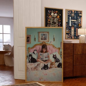 Whimsical Cat Lover Art Print – Vintage-Style Woman Reading With Cats Illustration – Cozy Wall Decor, Gift For Cat Moms & Book Lovers
