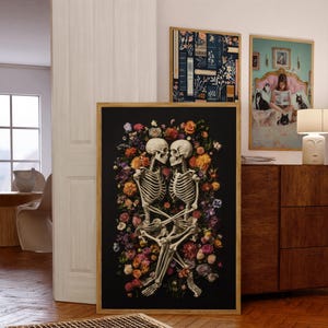 Romantisches Skelett Art Print - Gothic Schädel Paar Poster - Dunkles Blumen Wanddekor, Makaber Ästhetische Kunst für Zuhause, Einzigartige Gothic Geschenkidee