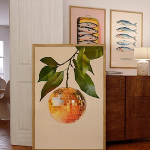 Retro pomarańczowa kula dyskotekowa, odjechana sztuka ścienna do kuchni, plakat na wózek barowy, dekoracja z cytrusów, estetyka vintage Y2K, odjazdowy prezent DIY