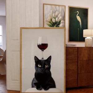 Black Cat Balancing Wine Wall Art, Funny Cat Poster, Black and White Print, Cat Lover Gift, Bar Cart Print, Kitchen Wall Decor, Cat Art