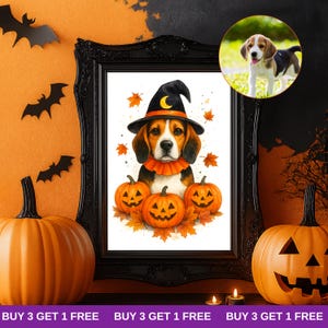 Aangepast Halloween-huisdierportret met heksenhoed en pompoenen, grappige herfstdierillustratie, gepersonaliseerde digitale Halloween-huisdierkunst