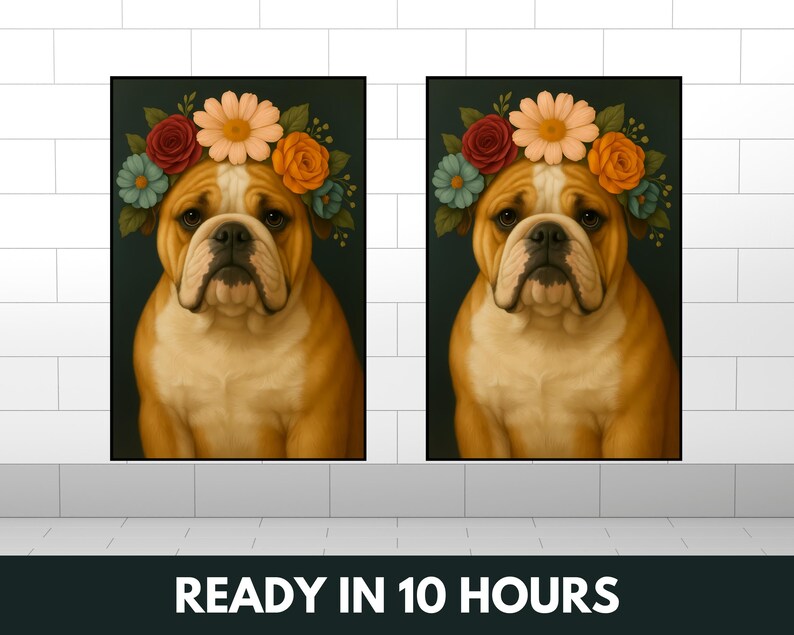 May include: Two digital paintings of a bulldog wearing a flower crown. The bulldog is brown and white with a black nose. The flower crown is made of red, orange, yellow, pink, and blue flowers.