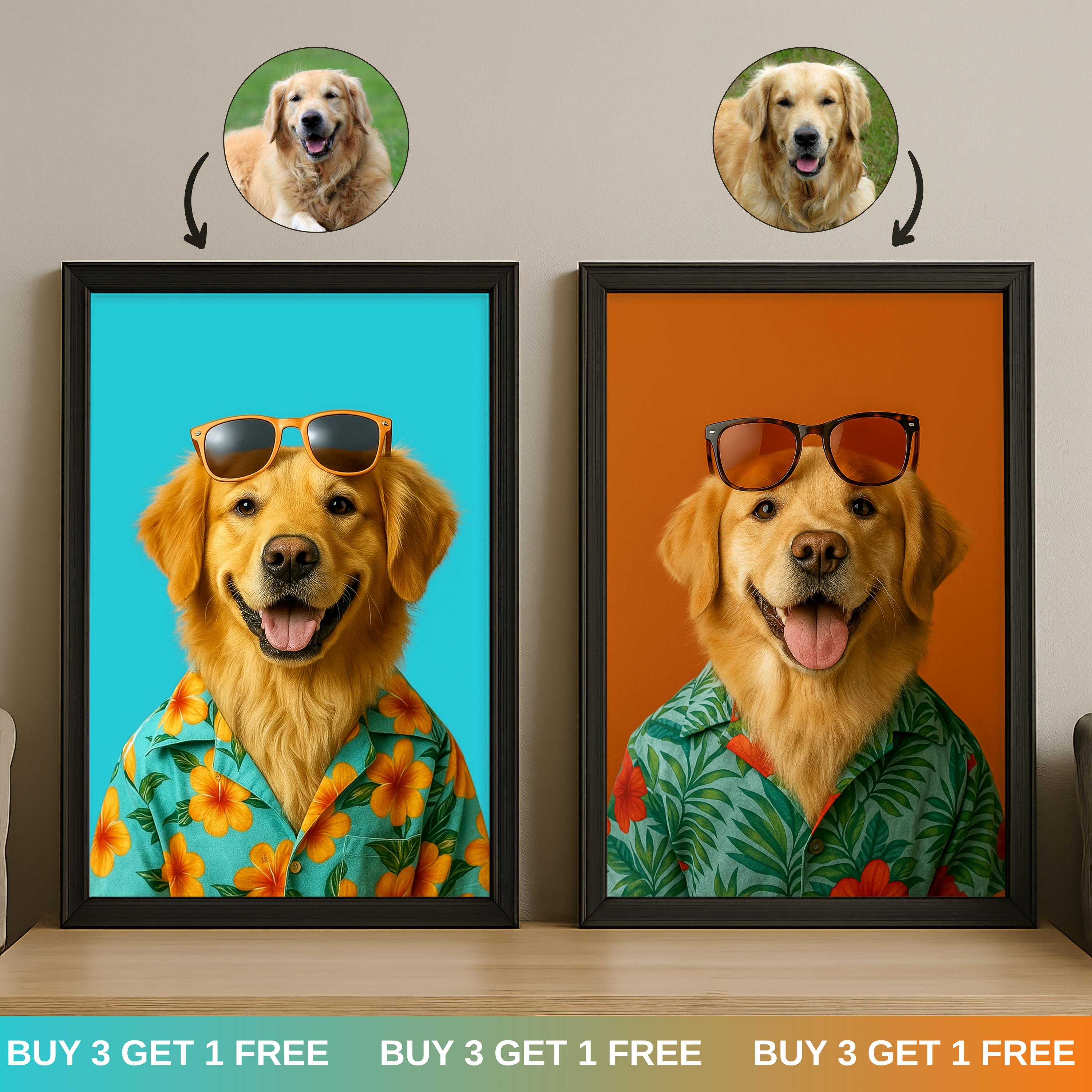 Custom Tropical Pet Portrait with Hawaiian Shirt | Funny Summer-Themed Digital Pet Art for Dog or Cat | Personalized Vacation Pet Gift