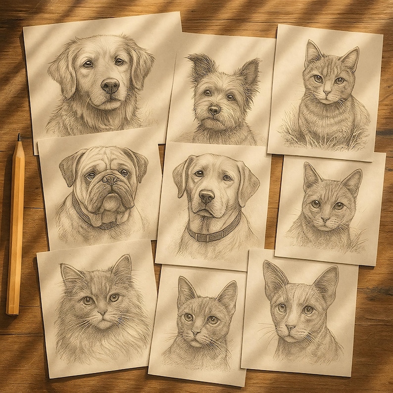 May include: A collection of pencil sketches of various dog and cat breeds on square paper. The drawings are detailed and realistic, with a focus on the animals' facial features. A yellow pencil lies on the wooden surface next to the drawings.