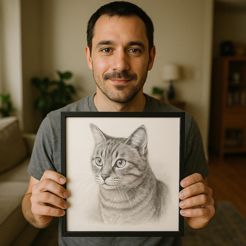 May include: A framed pencil drawing of a tabby cat. The artwork features detailed shading and highlights, capturing the cat's fur, eyes, and whiskers. The frame is black, and the drawing is centered within it. The cat's gaze is directed towards the viewer.