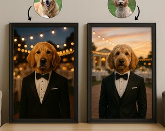 Puede incluir: Dos retratos enmarcados presentan perros con vestimenta formal. Uno muestra un golden retriever con esmoquin, el otro un goldendoodle con un atuendo similar. Cada retrato tiene una imagen circular del perro encima.