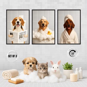 May include: A set of three framed art prints featuring dogs in humorous bathroom scenes. One dog reads a newspaper, another bathes in bubbles, and the third wears a robe. The bottom row shows a puppy, kitten, and rabbit in a bubble bath.