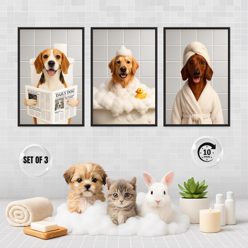 May include: A set of three framed art prints featuring dogs in humorous bathroom scenes. One dog reads a newspaper, another bathes in bubbles, and the third wears a robe. The bottom row shows a puppy, kitten, and rabbit in a bubble bath.