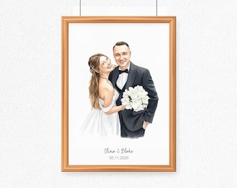 Retrato de boda en acuarela personalizado, pintura de pareja personalizada a partir de una foto, ilustración digital de boda personalizada, obra de arte única para aniversario.