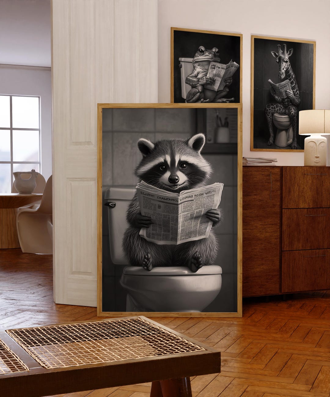 Raccoon Sitting on Toilet Reading Newspaper, Funny Bathroom Wall Art ...