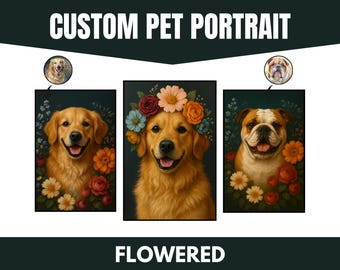 Pode incluir: Três retratos personalizados de animais de estimação de cães com coroas de flores. Os retratos são pintados em um estilo realista com um fundo escuro. Os cães são um golden retriever, um bulldog e outro golden retriever.