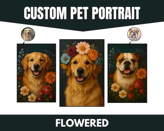 Custom Floral Pet Portrait, Dog Surrounded By Flowers Digital Art, Personalized Botanical Pet Print, Gift For Pet Lovers, Digital Download