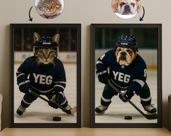 Portrait personnalisé d'animal de compagnie en uniforme de hockey sur glace | Oeuvre d'art numérique amusante pour chien ou chat | Cadeau personnalisé pour animal de compagnie pour les fans de hockey