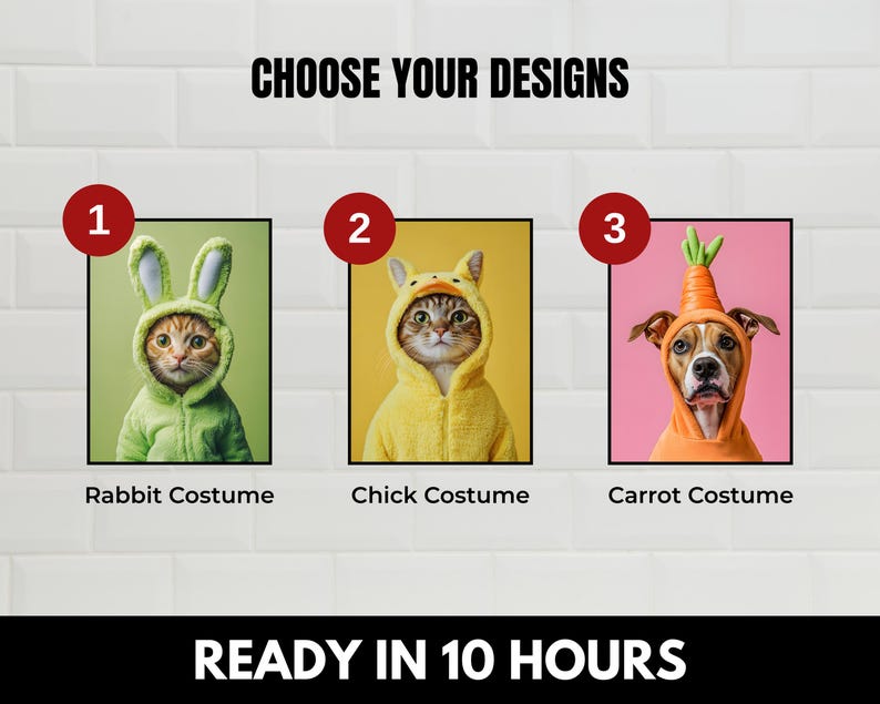 May include: Three images showing different animal costumes for pets. The first image shows a cat wearing a green rabbit costume. The second image shows a cat wearing a yellow chick costume. The third image shows a dog wearing an orange carrot costume. The text below each image reads "Rabbit Costume", "Chick Costume", and "Carrot Costume". The text at the bottom of the image reads "READY IN 10 HOURS".