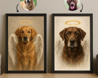May include: Two framed dog portraits. One features a golden retriever with angel wings and a halo, the other a chocolate lab with similar features. Above each portrait is a circular image of the dog. The bottom of the image has the text "BUY 3 GET 1 FREE".