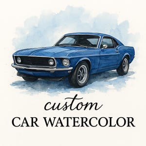 Può includere: Dipinto ad acquerello di un'auto blu classica. L'auto è un modello vintage dal design elegante, ambientato su uno sfondo acquerellato blu tenue. Il testo "custom CAR WATERCOLOR" è scritto sotto.