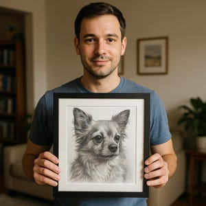 May include: A framed pencil drawing of a Chihuahua dog. The artwork is in a black frame and features detailed shading, capturing the dog's fur and facial features. The dog's eyes are dark and expressive.