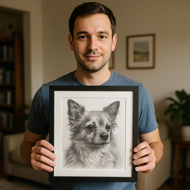 May include: A framed pencil drawing of a Chihuahua dog. The artwork is in a black frame and features detailed shading, capturing the dog's fur and facial features. The dog's eyes are dark and expressive.