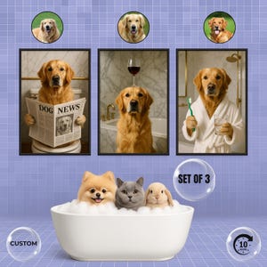 Pet Bathroom Art Set of 3 | Custom Pet Portraits Funny Bathroom Wall Decor | Dog in Toilet, Pet in Bathtub, Unique Pet Gift