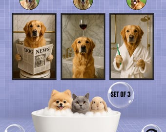 Juego de 3 retratos de mascotas personalizados para el baño, decoración divertida para la pared del baño, perro en el inodoro, mascota en la bañera, regalo único para mascotas.