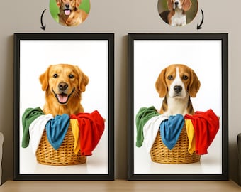 May include: Two framed dog portraits. One features a Golden Retriever in a basket of colorful clothes, the other a Beagle. Each framed picture has a circular image of the dog above it. The basket contains green, white, blue, yellow, and red clothes.