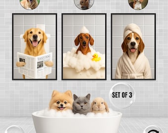 Juego de 3 cuadros de pared personalizados para baño de mascotas: divertidos retratos de mascotas en el inodoro, la bañera y la toalla del spa. Láminas decorativas personalizadas para mascotas.