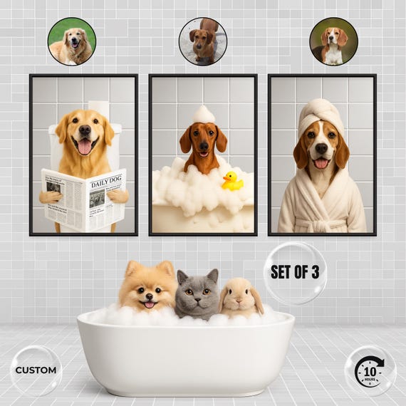 Custom Pet Bathroom Wall Art Set of 3 – Funny Pet Portraits in Toilet, Bathtub & Spa Towel – Personalized Pet Decor Prints