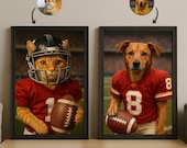 Custom American Football Pet Portrait with Team Jersey | Personalized Digital Pet Art for Dog or Cat | Funny Football Pet Gift Artwork
