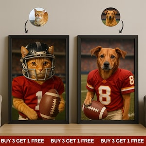 Custom American Football Pet Portrait with Team Jersey | Personalized Digital Pet Art for Dog or Cat | Funny Football Pet Gift Artwork