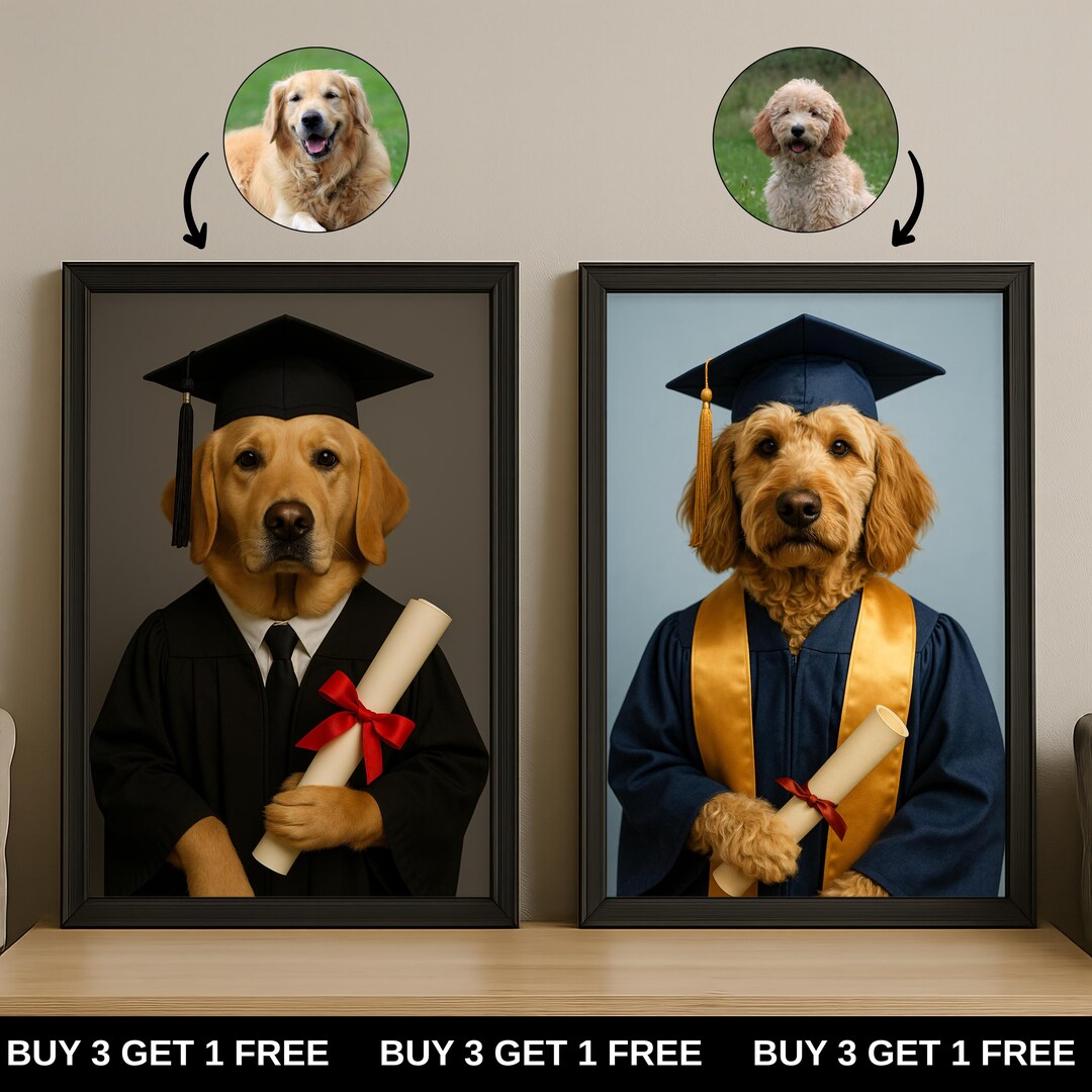 Custom Graduation Pet Portrait – Funny Cap and Gown Digital Pet Art ...