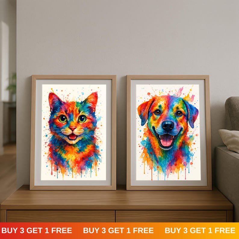 May include: Two framed watercolor art prints. One features a colorful cat with green eyes, and the other a dog, both with rainbow-colored fur. The prints are in light brown frames, set on a wooden surface.