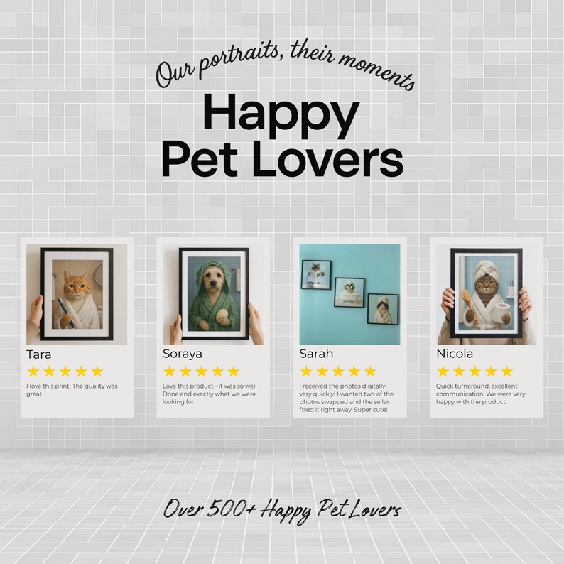May include: An advertisement for pet portraits featuring framed photos of pets dressed in human clothing. The text reads "Happy Pet Lovers" and includes customer reviews and a count of over 500 happy customers.