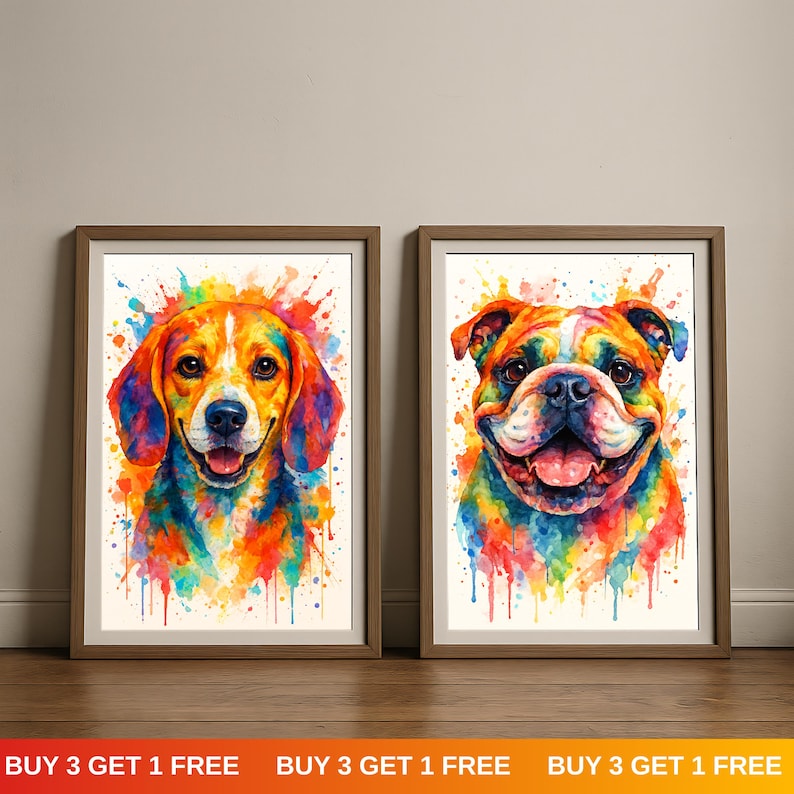 May include: Two framed watercolor dog portraits. The left portrait features a beagle with orange, blue, and yellow hues. The right portrait is of a bulldog with similar vibrant colors. Both have a white background and brown frames. The bottom of the image has the text "BUY 3 GET 1 FREE".