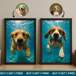 May include: Two framed dog portraits. One features a golden retriever swimming underwater, the other a beagle. Above each framed image is a circular portrait of the dog. The background is a light blue color. The text at the bottom says "BUY 3 GET 1 FREE".