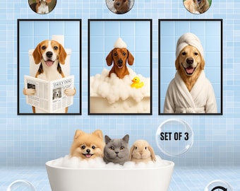 Juego de 3 cuadros de pared personalizados para baño de mascotas / Retratos divertidos de mascotas / Perro en la bañera, perro en el inodoro, regalo único de decoración de baño para amantes de las mascotas