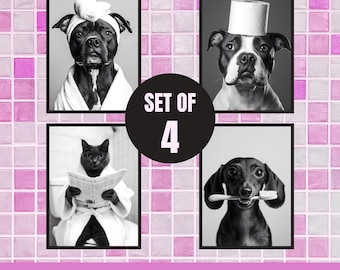 May include: Set of four black and white photos featuring dogs and a cat in humorous situations. The photos are framed in black and have a pink tiled background. The text "SET OF 4" and "BUY 1 GET 1 FREE" is visible.